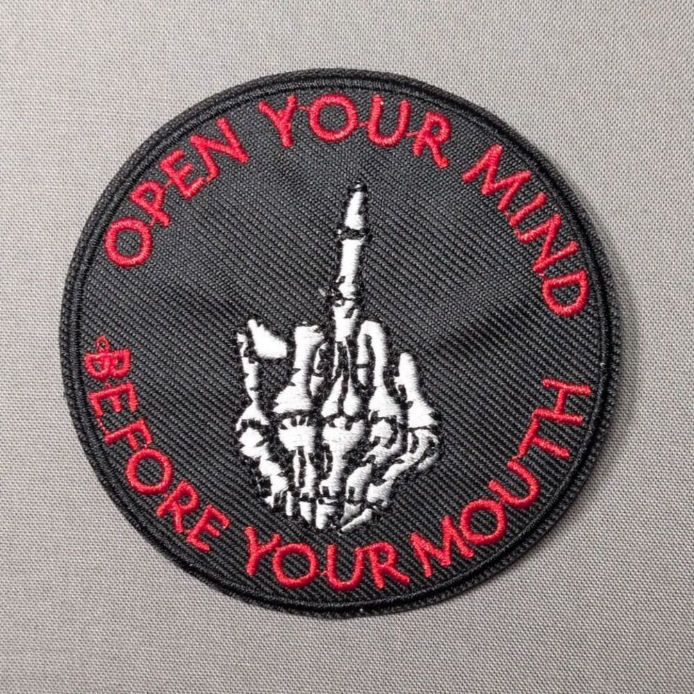 Open Your Mind Before Your Mouth Skeleton Middle Finger Patch